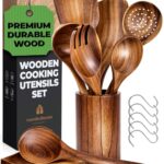 Teak Wooden Utensil Set with Spoon Rest & Hooks – Durable Wooden Spoons for Cooking with Comfort Grip – Effortless Clean, Non-Stick Friendly 8 Pcs