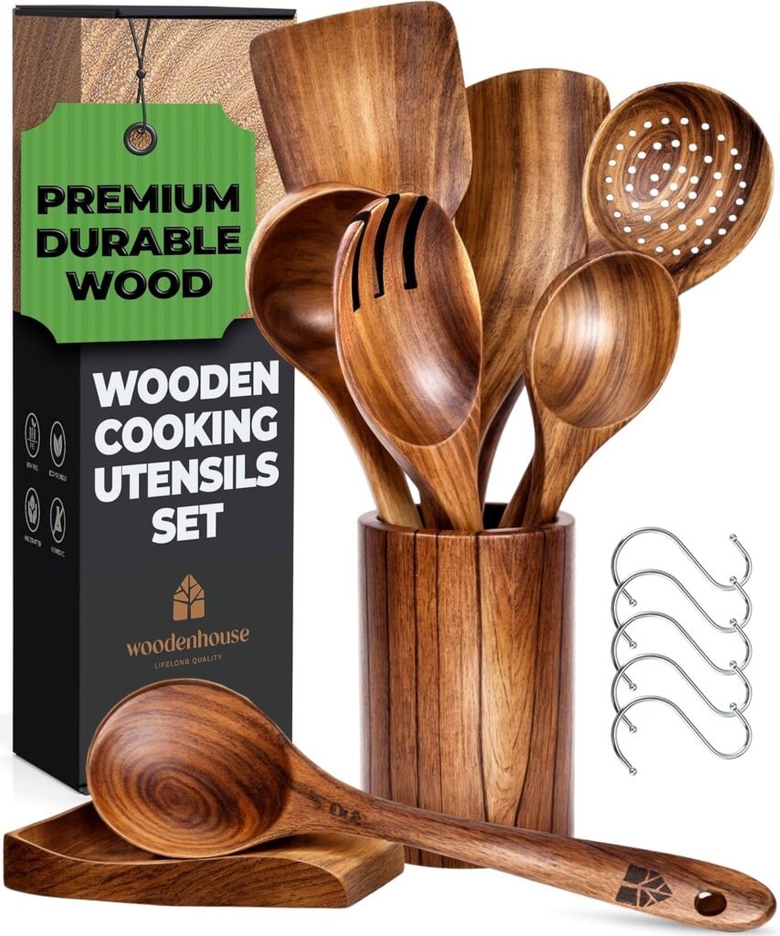 Teak Wooden Utensil Set with Spoon Rest & Hooks – Durable Wooden Spoons for Cooking with Comfort Grip – Effortless Clean, Non-Stick Friendly 8 Pcs