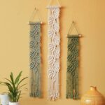 M MANUAL 3 Pcs Macrame Leaf Wall Hanging Bohemian Wall Decor Feathers Wall Art Green Fall Leaf Wall Hanging Boho Headboard Decor Wall Art