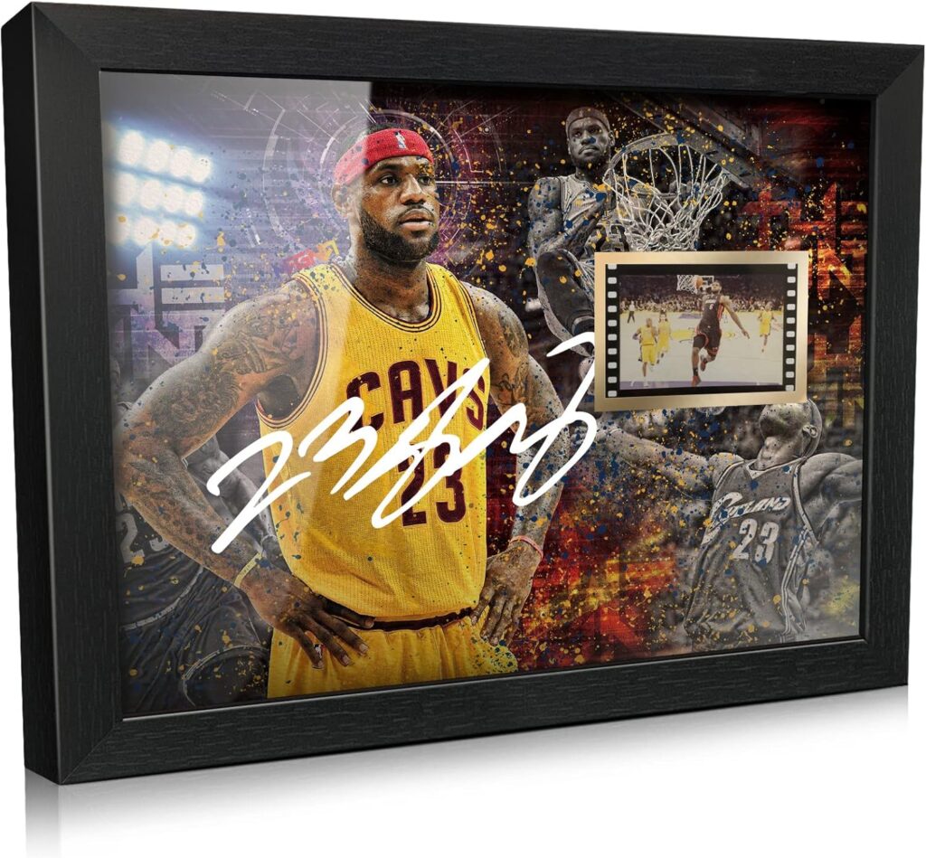ORIMAMI Signed Black Superstar LeBron James Poster Framed Photo Decor with 1x35mm Film Display,Cool Gifts for Basketball Lover/LeBron James Fans – 8×6 Inches