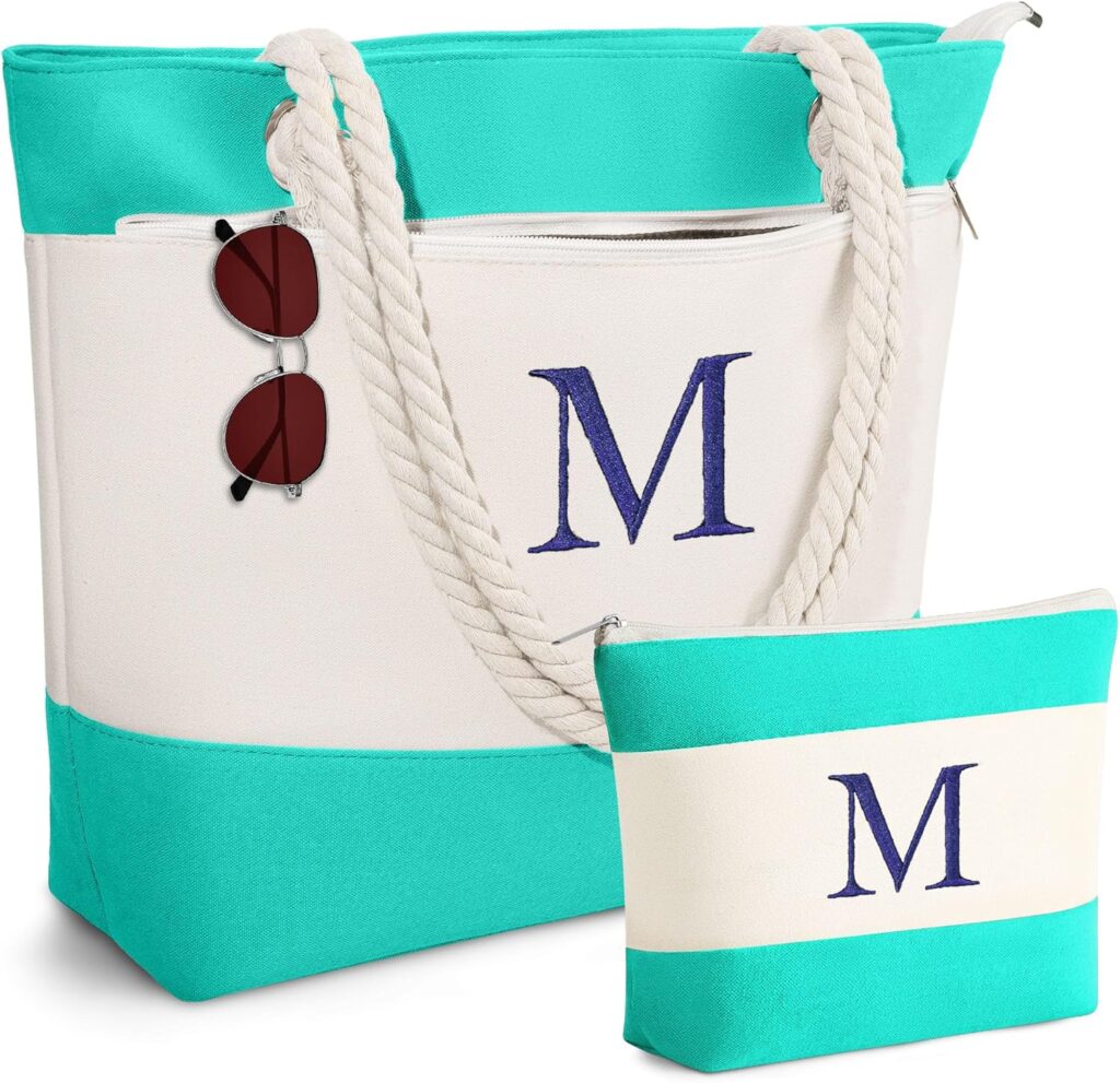 YOOLIFE Beach Bags for Women – Initial Canvas Tote Waterproof Bag with Makeup Bag Gifts for Women Mom Friend Birthday Her