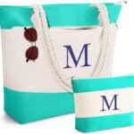 YOOLIFE Beach Bags for Women – Initial Canvas Tote Waterproof Bag with Makeup Bag Gifts for Women Mom Friend Birthday Her