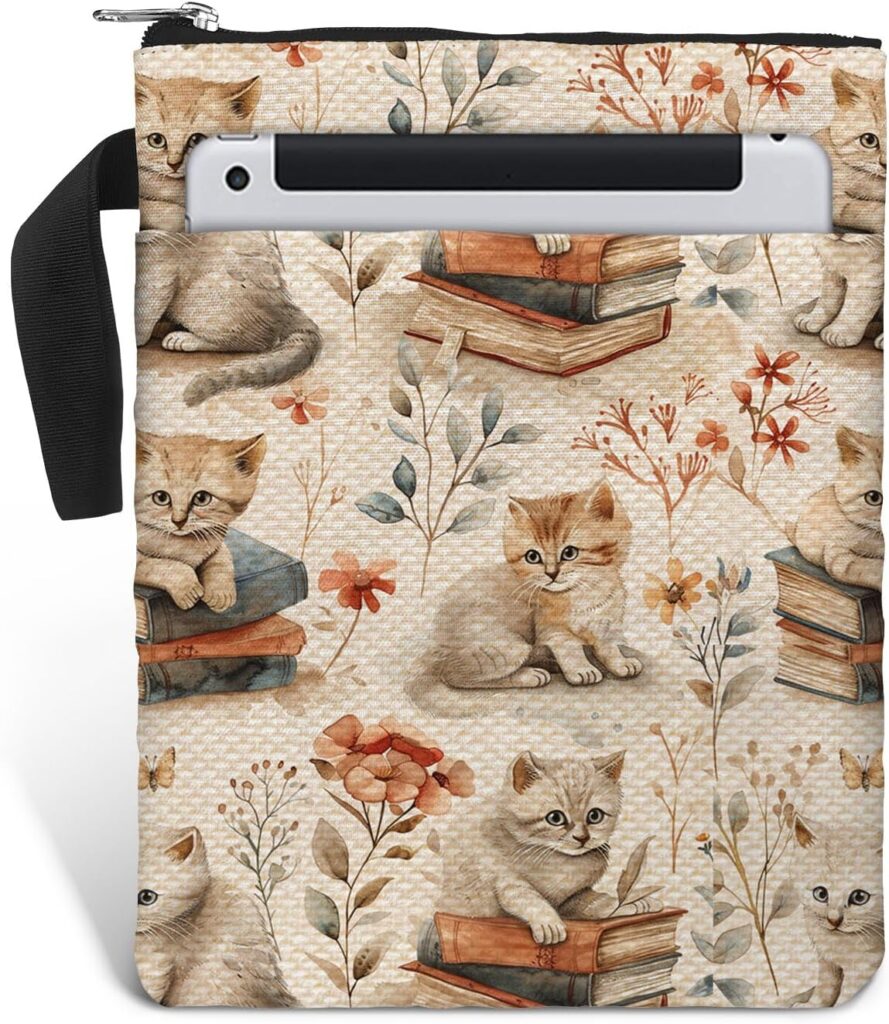 Cat Pattern Book Sleeve Bag Gift for Lovers & Librarians. Padded Book Cover Bag with Zipper & Front Pocket for Paperbacks. Washable Fabric, 11 x 8.5 Inch