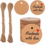 TIESOME 200Pcs Handmade with Love Tags, Brown Paper Gift Tags with Twine String 1.2” Round for Home Made Crafts Candle Tins Wedding & Birthday Party Favors