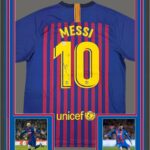Framed Autographed/Signed Lionel Leo Messi 35×39 FC Barcelona Soccer Jersey Beckett BAS COA