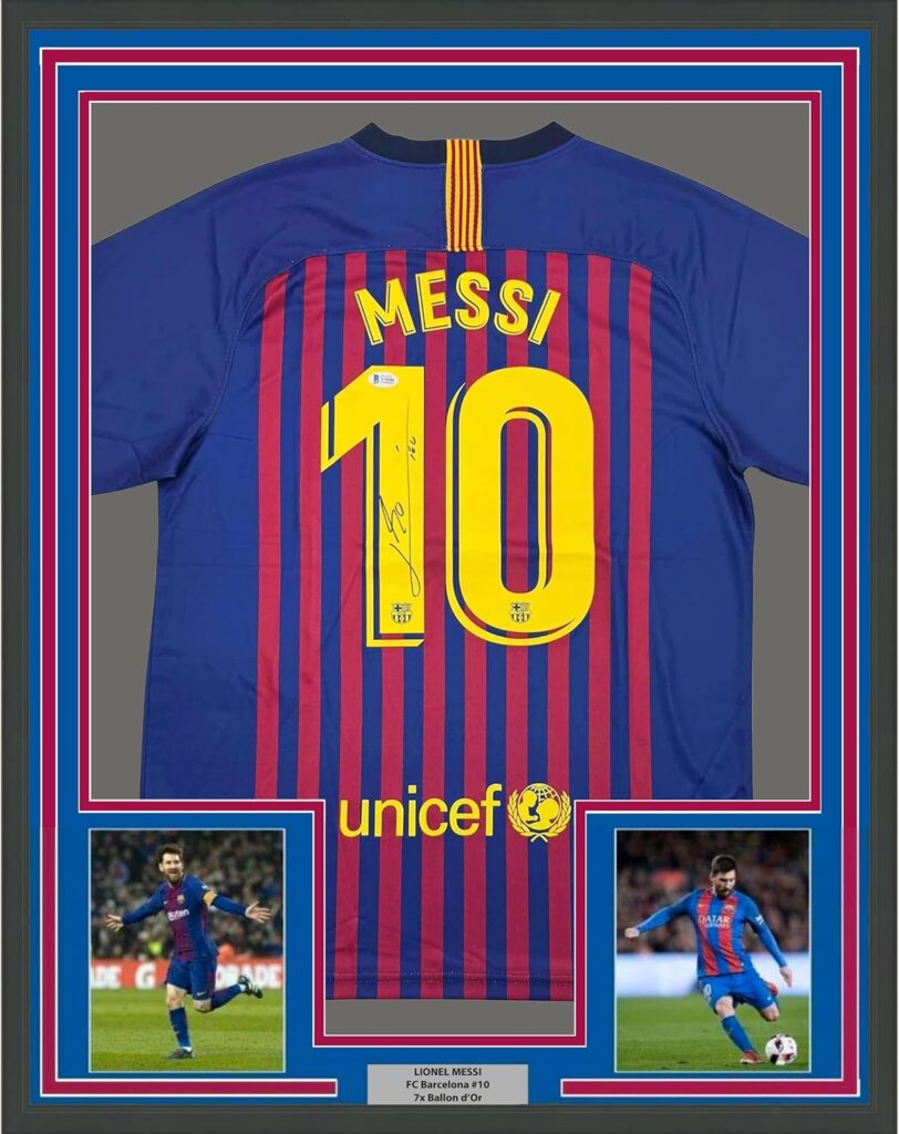 Framed Autographed/Signed Lionel Leo Messi 35×39 FC Barcelona Soccer Jersey Beckett BAS COA
