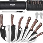Huusk Butcher Knife Set for Meat Cutting 10pcs Viking Kitchen Serbian Chef Knife with Roll Bag Hand Forged Brisket Knives Meat Cleaver for Men Gift BBQ Outdoor Camping