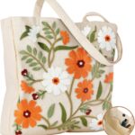 Embroidery Canvas Tote Bag for Women – Reusable Totes with Pocket & Buckle Aesthetic Cute Grocery Shoulder Bag
