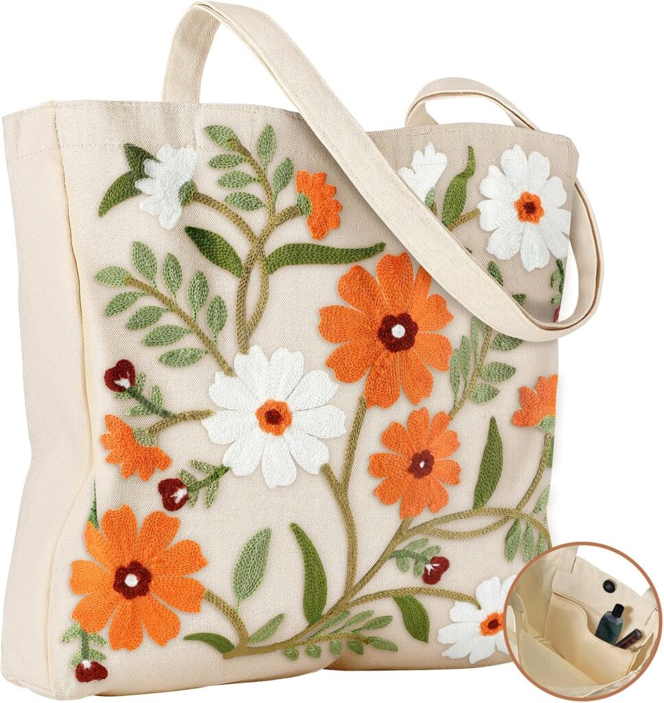 Embroidery Canvas Tote Bag for Women – Reusable Totes with Pocket & Buckle Aesthetic Cute Grocery Shoulder Bag