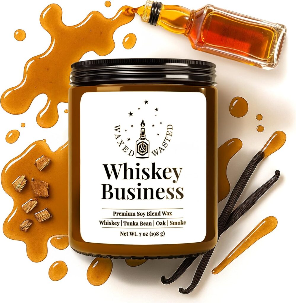 Waxed & Wasted Whiskey Business Candle – 7oz Soy Blend Jar with Whiskey, Tonka Bean, Oak & Smoke – Handmade Small Batch Gift for Home or Bar