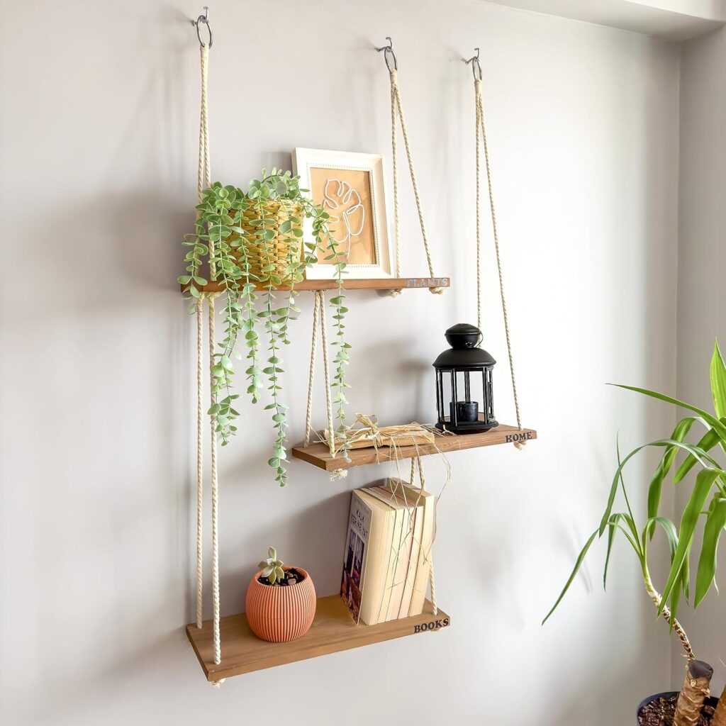 Boho Wall Shelves for Plants and Decor – Rope Hanging Shelves for Wall Decor in Living Room, Bedroom, Bathroom | Design Patented