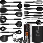 Large Silicone Cooking Utensils Set – Heat Resistant Kitchen Utensils Sets,Spatula,Spoon,Turner Tongs,Brush,Whisk,Stainless Steel Silicone Cooking Utensil for Nonstick Cookware Dishwasher Safe (Black)