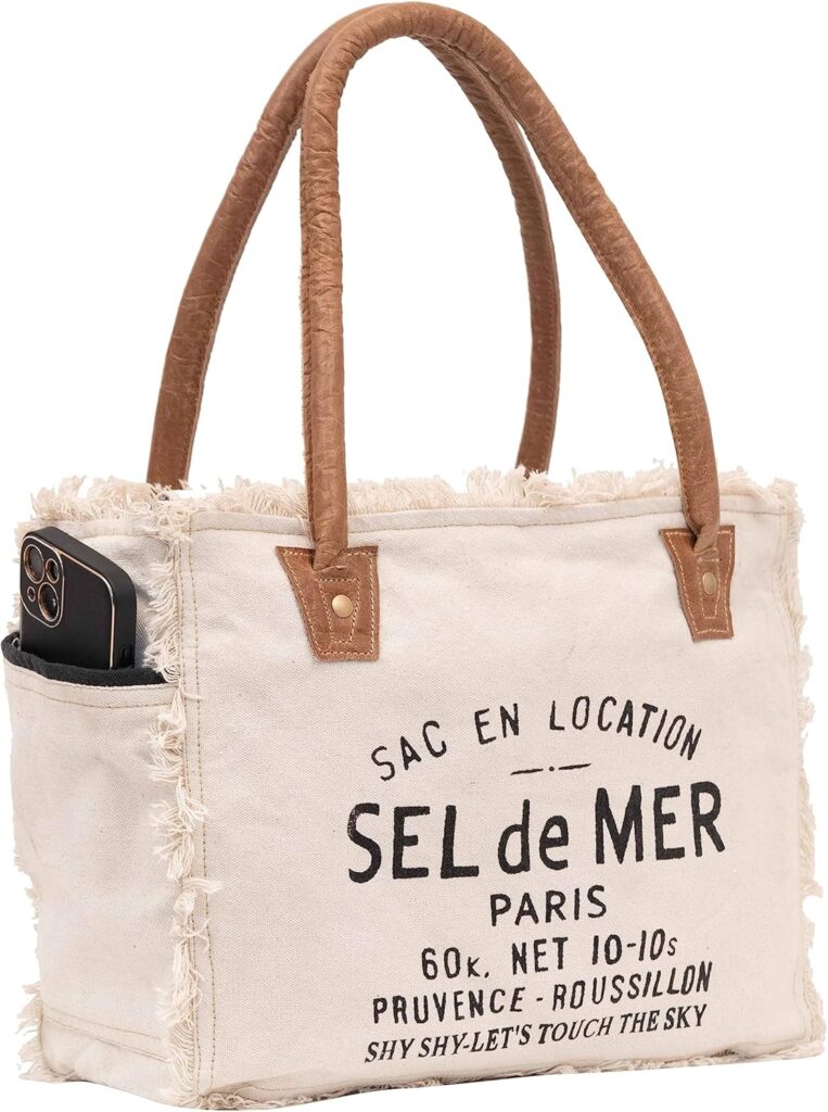 Shy Shy Bags Sel De Mer Canvas & Cowhide Tote Bag – Upcycled Radiant Leather Hand Bag
