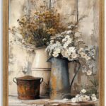 Krtoni Framed Farmhouse Vintage Canvas Wall Art, Country Floral Daisy Picture Wall Decor, White Jasmine Flowers and Rust Kettle Poster Print for Living Room Bedroom Bathroom Rustic Decor 10”L x 8”W