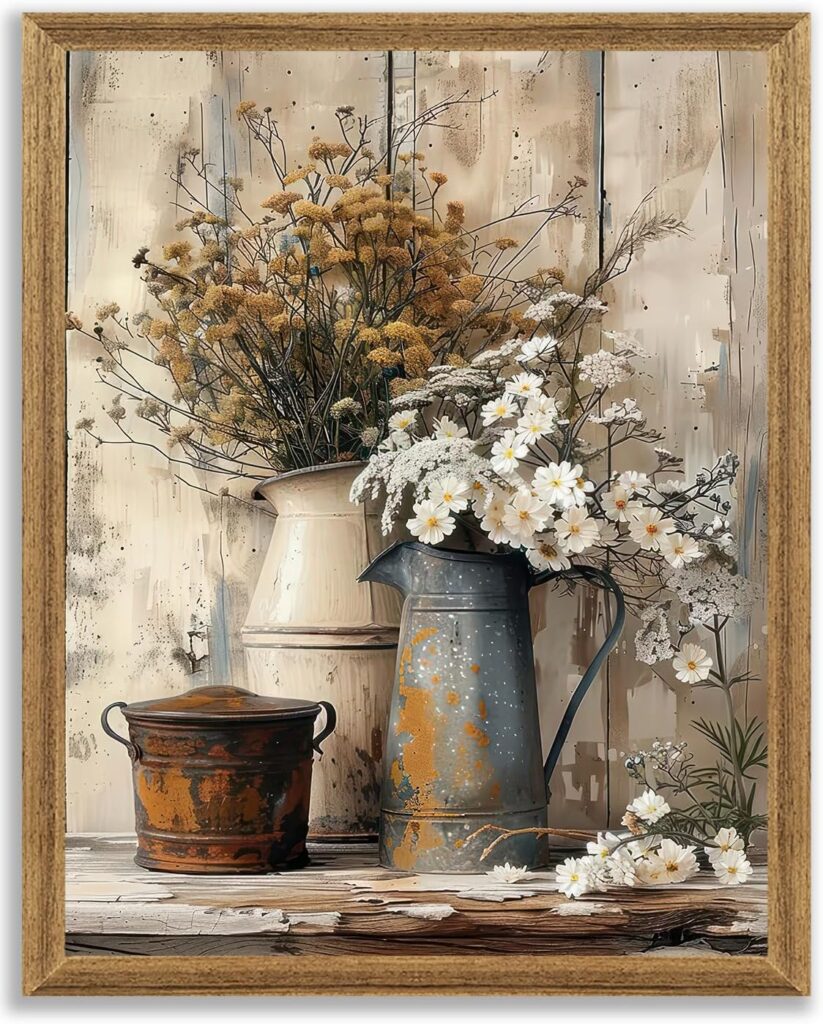Krtoni Framed Farmhouse Vintage Canvas Wall Art, Country Floral Daisy Picture Wall Decor, White Jasmine Flowers and Rust Kettle Poster Print for Living Room Bedroom Bathroom Rustic Decor 10”L x 8”W