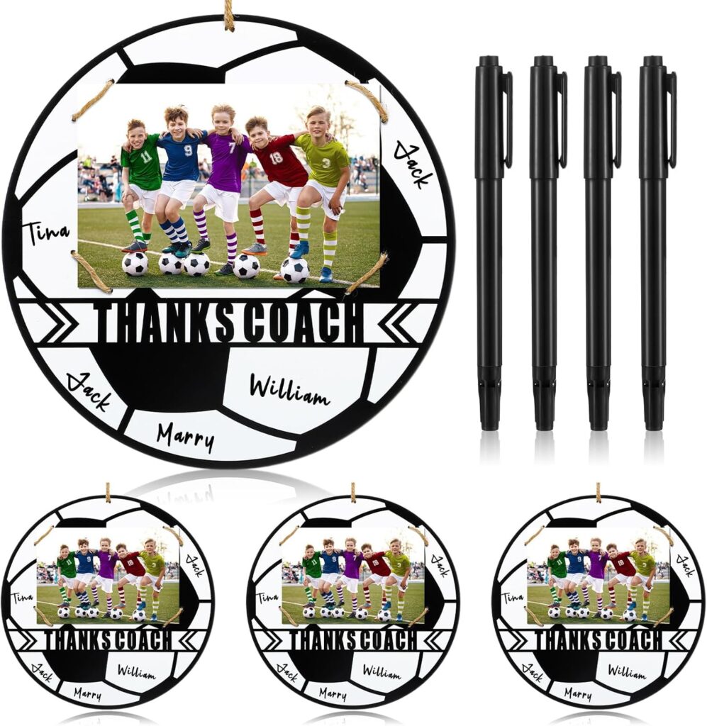 4 Set Soccer Thanks Coach Picture Frames with Signature Pens Fits 4 x 6 Inches Photos Wooden Picture Frame Thanks Soccer Coach Gift from Team Coaches Appreciation Home Plate Plaque