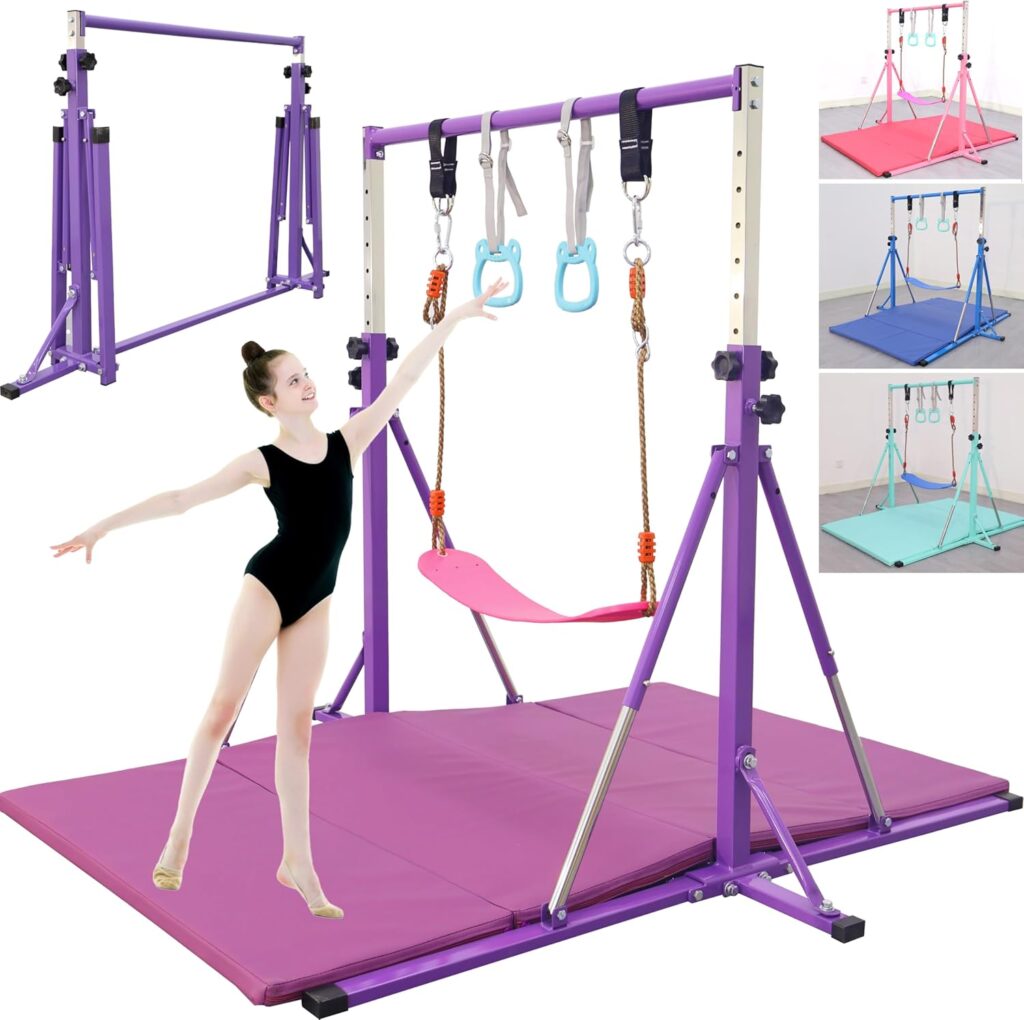 Foldable Gymnastics Bar,5FT Horizontal bar,Adjustable Kids Training bar for Kids Ages 3-15,Kids Gymnastics bar,Triangle Stable Structure-Gym Equipment for Home