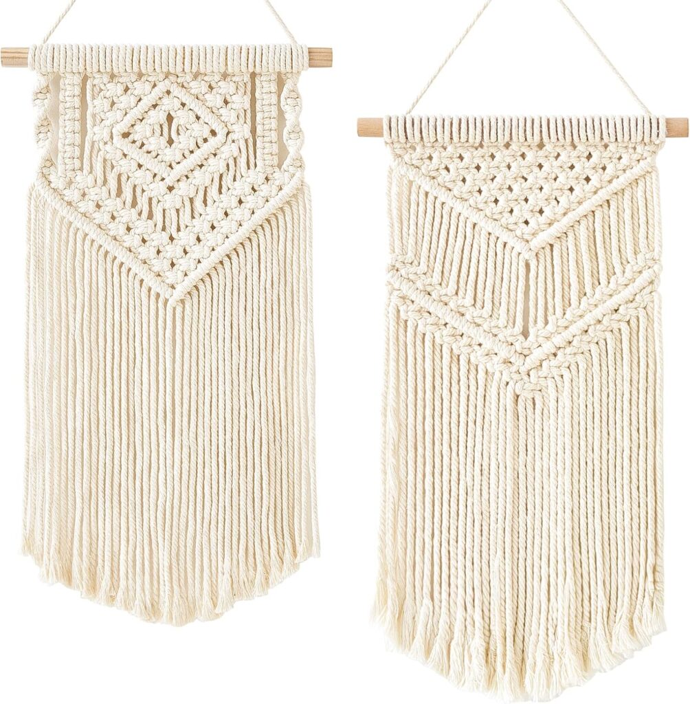 Dahey 2 Pcs Macrame Wall Hanging Small Woven Tapestry Wall Art Decor – Beautiful for Boho Home Dorm College Classroom Decor, Apartment, Nursery, Party Decorations, 16.5″ L x 10″ W and 17.5″x 10″W