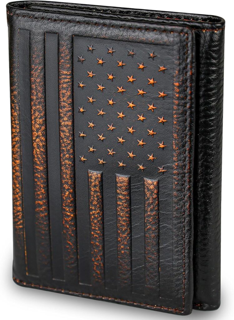 DK86 USA Flag Trifold Wallets for Men American Flag Wallet Full Grain Leather with Hand Burnished Tri-Fold Wallet RFID Blocking
