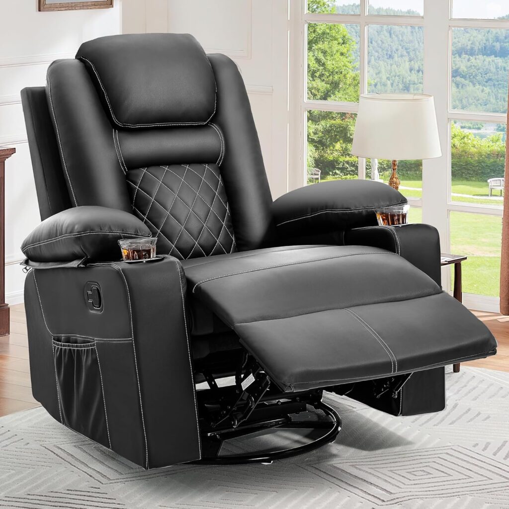 YITAHOME Recliner Chair,PU Rocking Chair for Adults,Swivel Recliner with Cup Holders,Heat and Massage,Single Sofa Seat with Side Pockets for Living Room/Bedroom,Black