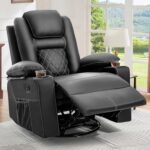 YITAHOME Recliner Chair,PU Rocking Chair for Adults,Swivel Recliner with Cup Holders,Heat and Massage,Single Sofa Seat with Side Pockets for Living Room/Bedroom,Black