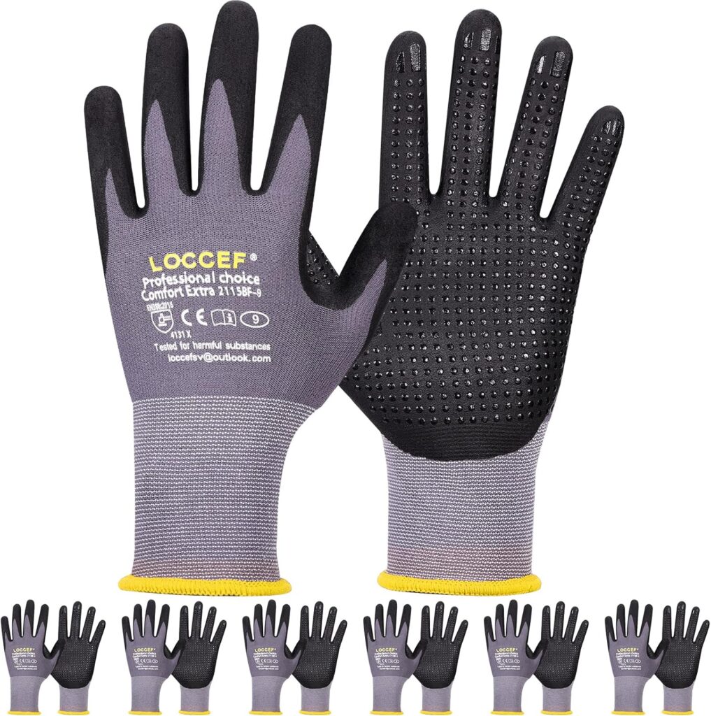 LOCCEF Work Gloves MicroFoam Nitrile Coated-6 Pairs,Endurance Seamless Knit Nylon,Dots on palm,Tacky Dot Grip Gloves
