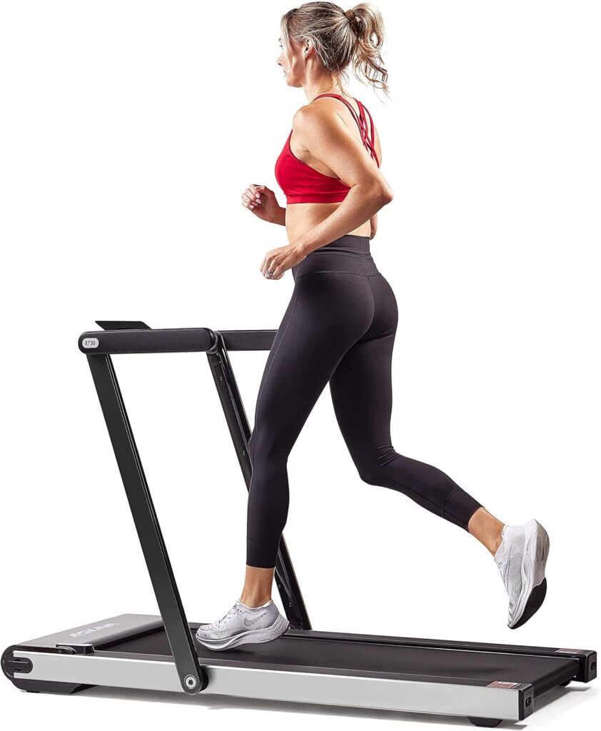 Sunny Health & Fitness Slim Foldable Treadmill Fully Assembled, 17.7″ x 49″ Non-Slip Running Surface, 2.5 HP Motor, Speeds up to 8 MPH, Shock-Absorption, Device Holder, Digital Monitor, & Easy Storage