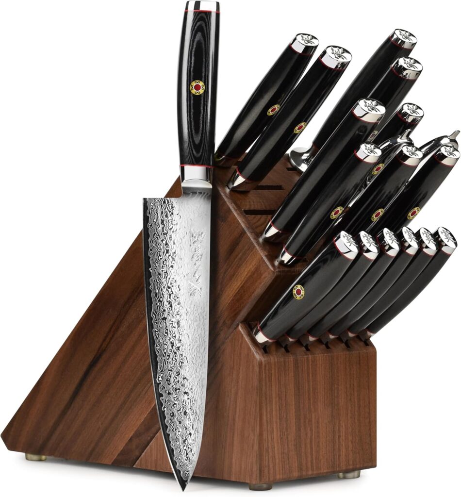 Enso SG2 18 Piece Knife Set – Made in Japan – 101 Layer Stainless Damascus with Walnut Knife Block