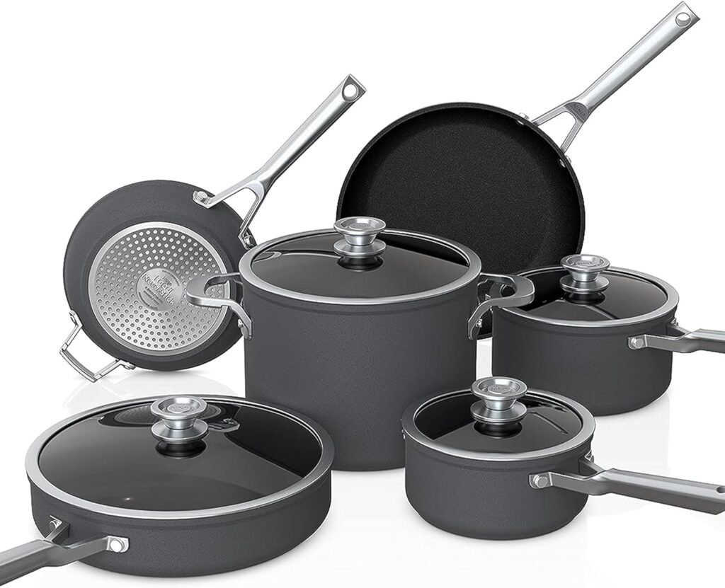 Ninja NeverStick Premium 10 Piece Pots & Frying Pans Set, with Glass Lids, Nesting, Hard Anodized, Kitchen Cookware Sets Nonstick, Durable & Oven Safe to 500°F, Slate Grey, C59500