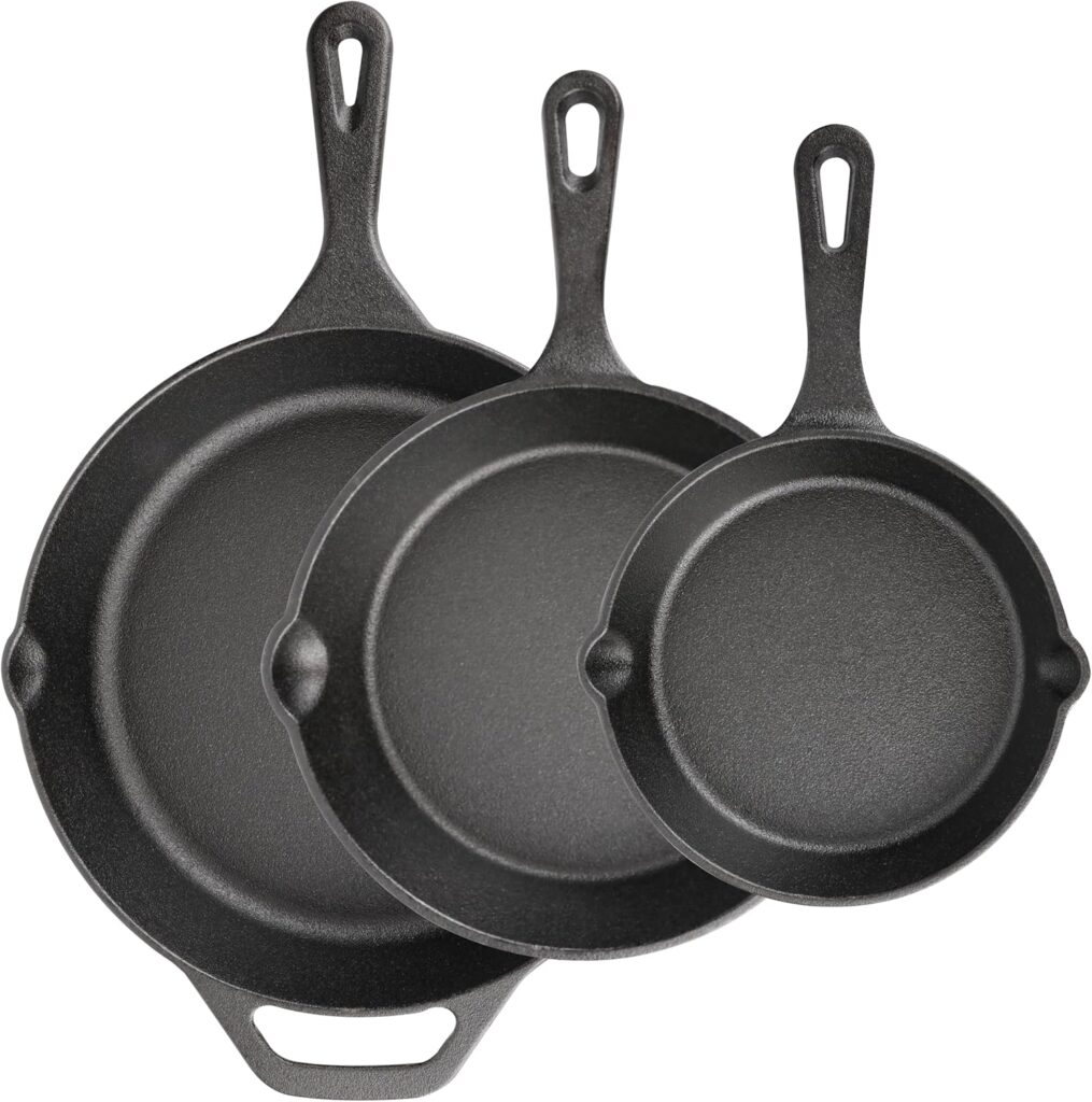 Cast Iron Skillet 3-Piece Set, 6″, 8″, 10″ Frying Pans, Heavy-Duty Pre-Seasoned Pan Cookware Set, For Frying, Saute, Cooking, Pizza & More, Black
