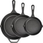 Cast Iron Skillet 3-Piece Set, 6″, 8″, 10″ Frying Pans, Heavy-Duty Pre-Seasoned Pan Cookware Set, For Frying, Saute, Cooking, Pizza & More, Black