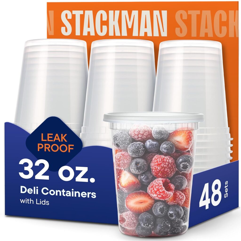 Stack Man [48 Sets – 32 oz. Plastic Deli Disposable Food Storage Containers with Airtight Lids