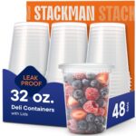 Stack Man [48 Sets – 32 oz. Plastic Deli Disposable Food Storage Containers with Airtight Lids