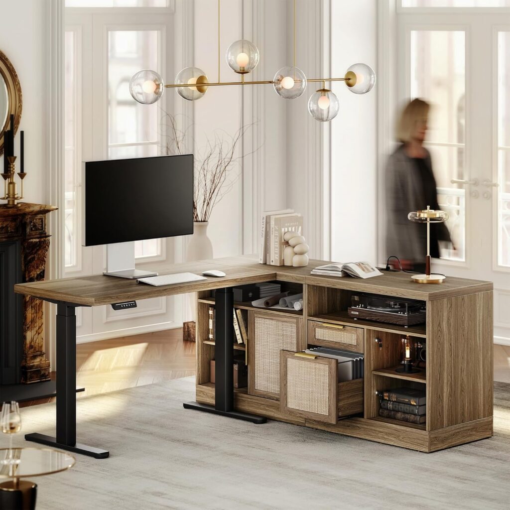 Height Adjustable Electric Standing Desk, 48 x 24 Inches Sit Stand up Desk with 2 File Cabinets, AC/USB, 1.18″ Desktop, L Shaped Rattan Computer Desk for Home and Office, Natural Oak