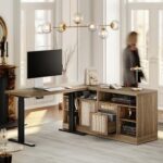 Height Adjustable Electric Standing Desk, 48 x 24 Inches Sit Stand up Desk with 2 File Cabinets, AC/USB, 1.18″ Desktop, L Shaped Rattan Computer Desk for Home and Office, Natural Oak