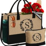 YOOLIFE Personalized Gifts for Women – Initial Jute Tote Bag & Makeup Bag, Birthday Gifts for Women Mom Wife Teacher Friend