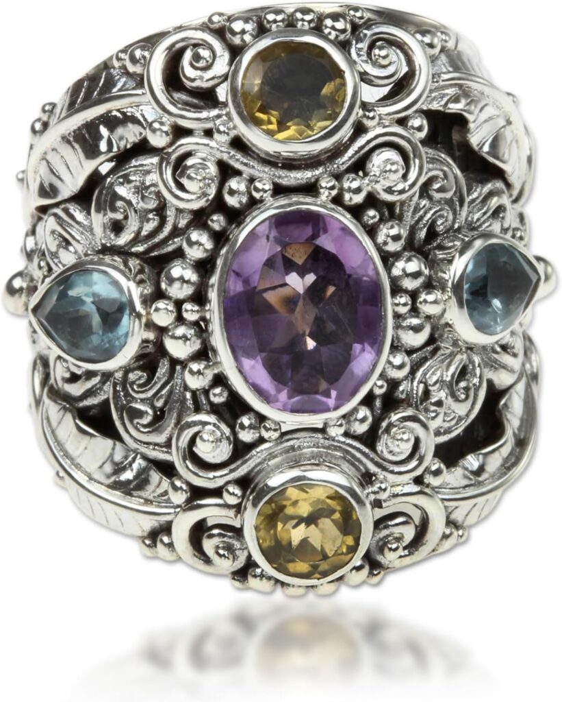 NOVICA Artisan Handmade Amethyst Blue Topaz Cocktail Ring Balinese Silver Sterling Citrine Multigem Multicolor Stone Indonesia Animal Themed ‘Butterfly Queen’