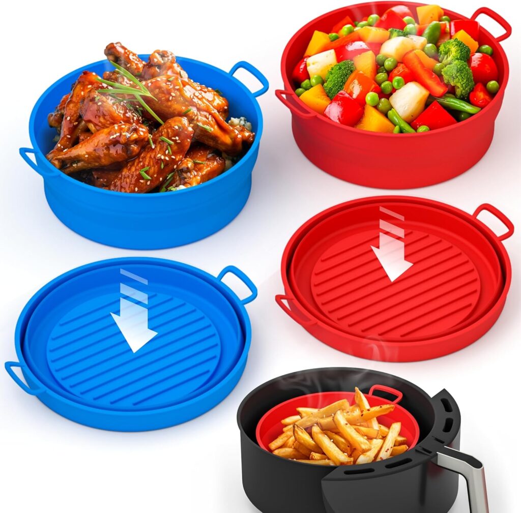 Collapsible Silicone Air Fryer Basket Liners Pot – AirFryer Liners Reusable Bowls for 3 to 5 qt As Seen on the Today Show – Air Fryer Accessories 2 Pack – Round Silicone Liners (Red & Blue)