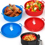 Collapsible Silicone Air Fryer Basket Liners Pot – AirFryer Liners Reusable Bowls for 3 to 5 qt As Seen on the Today Show – Air Fryer Accessories 2 Pack – Round Silicone Liners (Red & Blue)