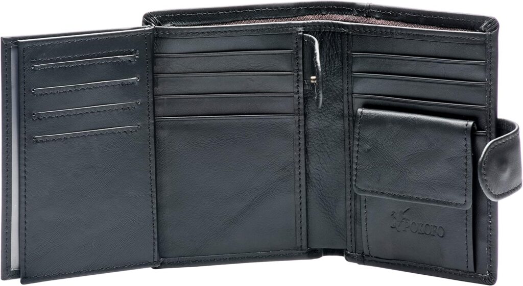 POKOFO Large RFID Genuine Leather Card Holder Trifold Wallet Snap Closure 3 ID Windows for men