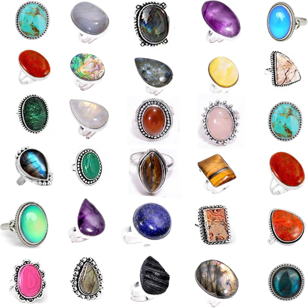 Handmade 10 Pcs Adjustable Gemstone Ring Set for Women, Silver Plated Fashion Boho Knuckle Rings, Vintage Gothic Statement Jewelry Gift Pack
