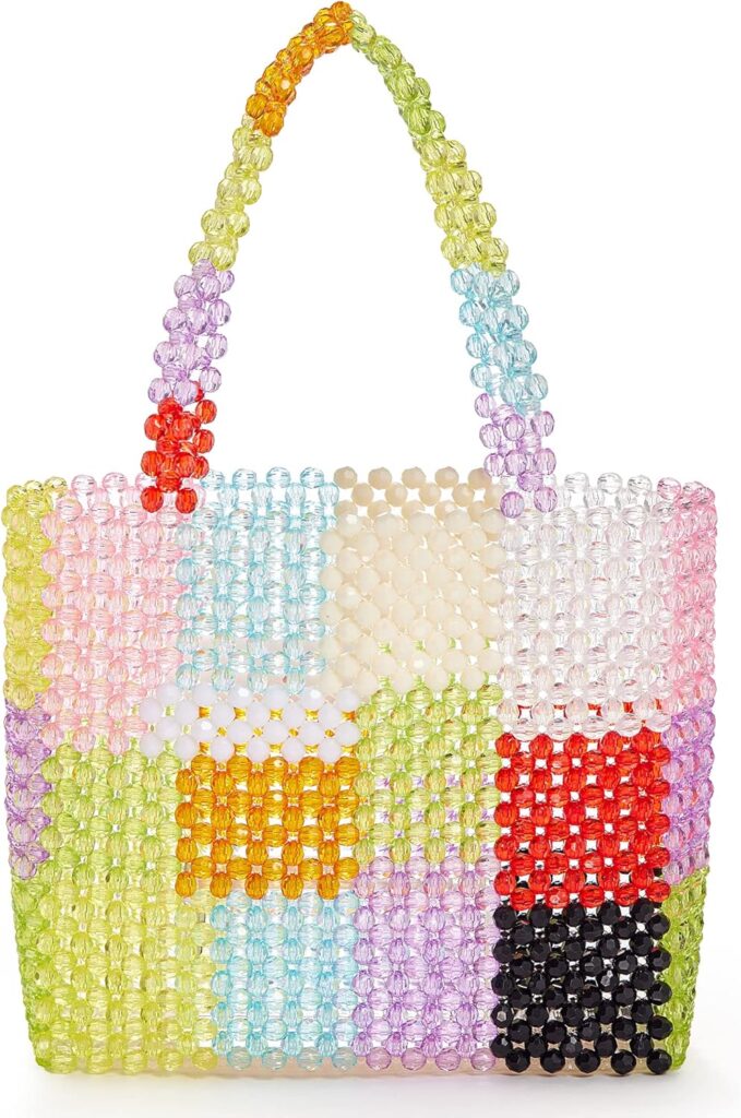 Beaded Bag Summer Beach Bag Acrylic Handbags Handmade Tote Bags for Wedding Party Rainbow Colorful
