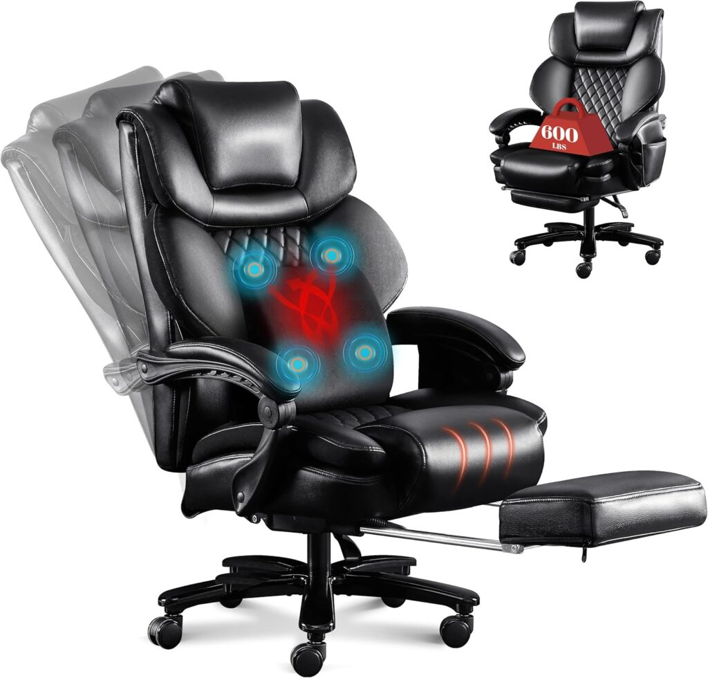 3D Kneading Massage Office Chair, Oversized 600LBS Big and Tall Executive Office Chair with Footrest, Reclining Computer Chairs, Wider Upholstered Seat Ergonomic Desk Chair for Home Office,Black