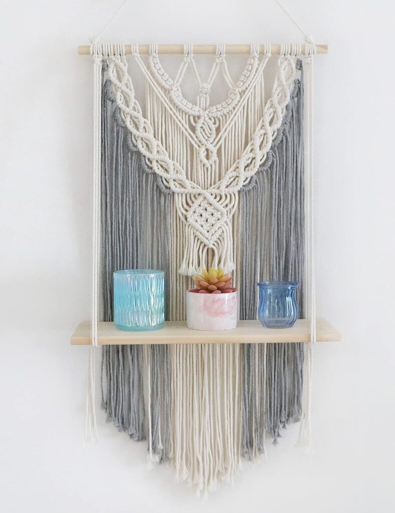 Macrame Hanging Shelf Grey Floating Shelves Rope Shelf for Wall Hanging Plants Grey Boho Decor for Bedroom Living Room, Gift for Housewarming, 1 Tier