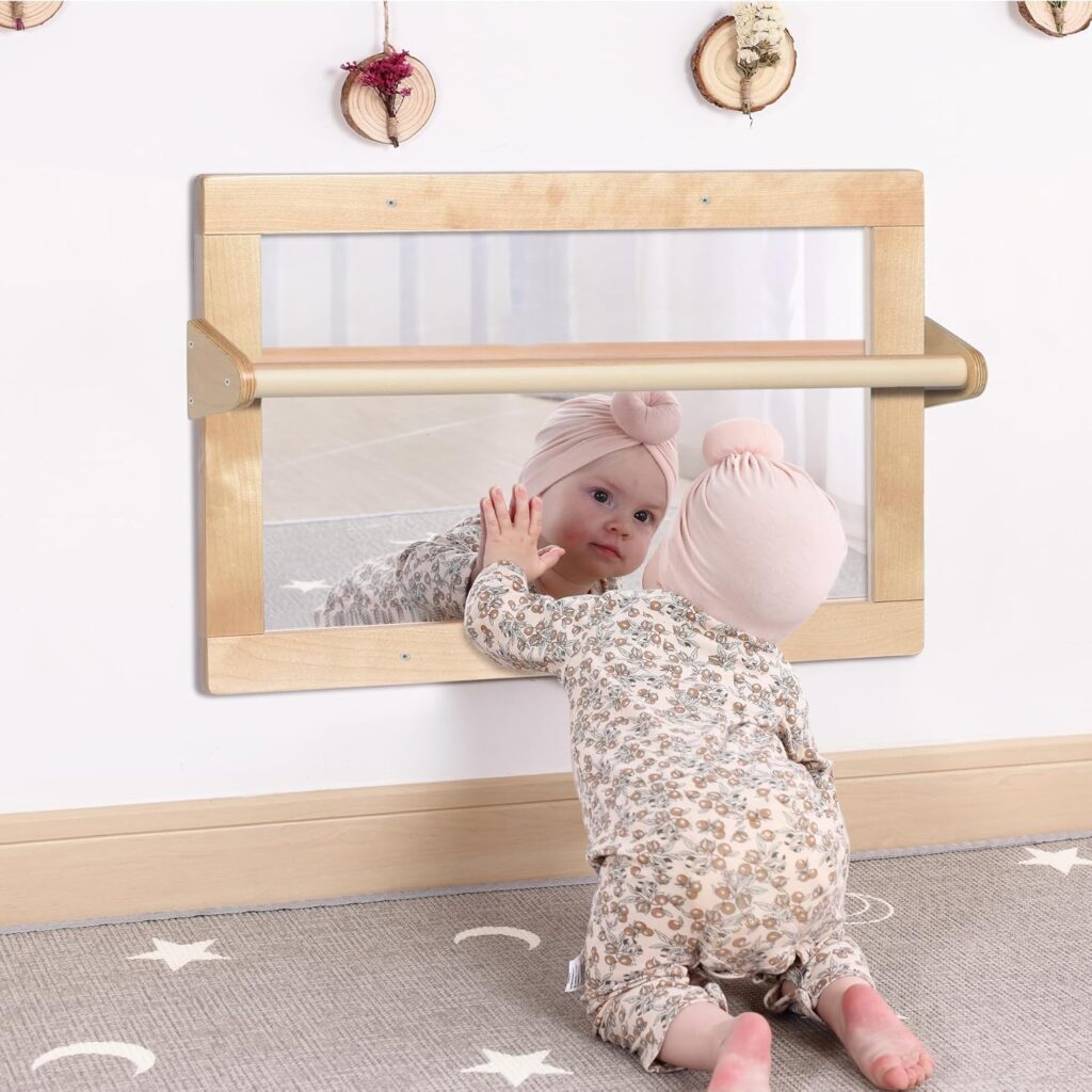 Baby Montessori Wooden Frame Non-Shatter Safety Mirror w/ 2 Pull Up Bars, Infant Coordination Small Mirror for 6-18 Months (Natural)