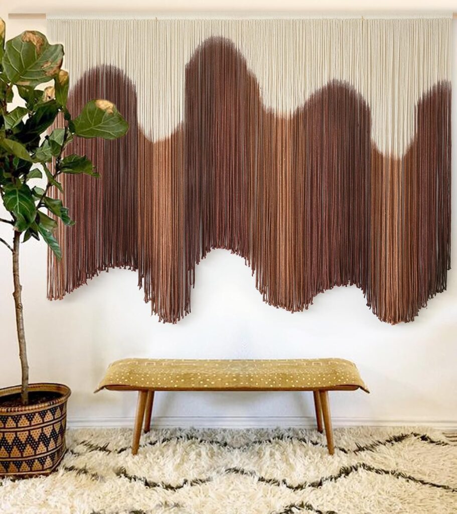 IOWER Macrame Wall Hanging Brown Dip-Dyed Large Handmade Macrame Cord Fiber Art Boho Wall Decor for Bedroom Living Room 57″ W x 39″ L
