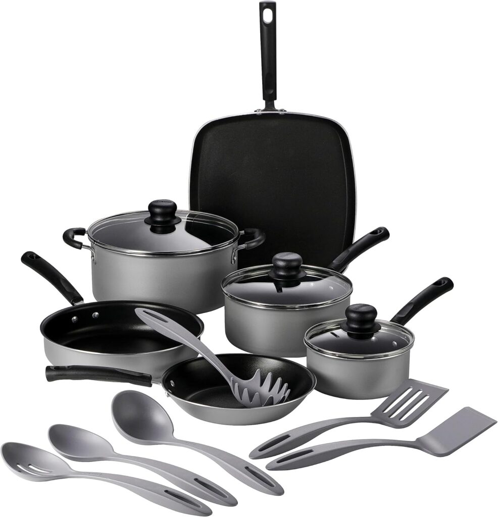 Tramontina Primaware 15-Piece Non Stick Cookware Set with Lids and Utensils, Aluminum Nonstick Pots and Pans Kitchen Set (Silver)