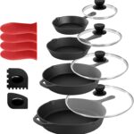 MegaChef 13 Piece Pre-Seasoned Cast Iron Skillet Set with Temperd Glass Lids and Silicone Holders