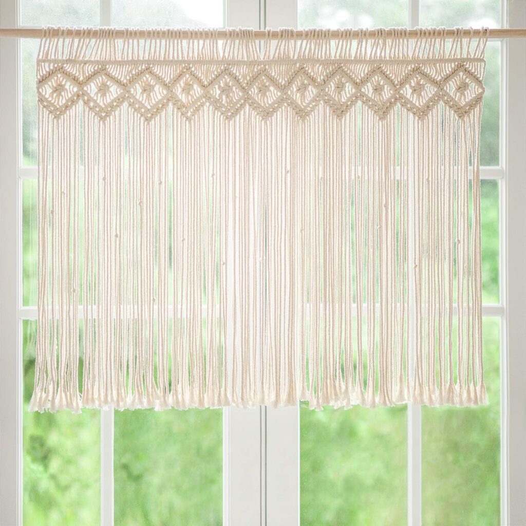 Mkono Wide Macrame Valance, 35″ W x 26″ H Short Window Treatments Panels Curtain Valance Woven Boho Wall Hanging Home Decor for Kitchen Bathroom Bedroom Living Room Apartment Dorm
