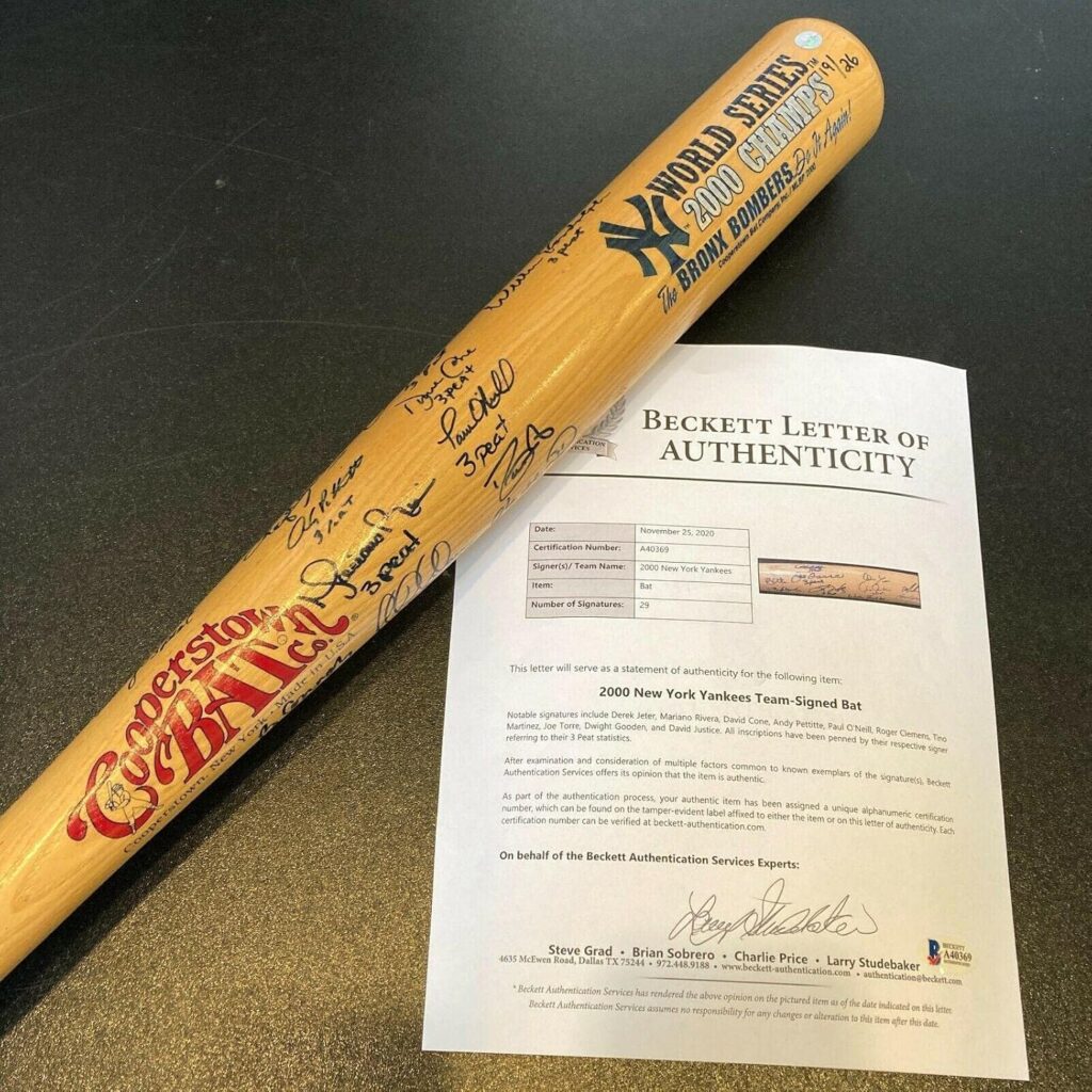 2000 Yankees Team Signed Bat Derek Jeter Mariano Rivera Inscribed “3 Peat” BAS – Autographed MLB Bats